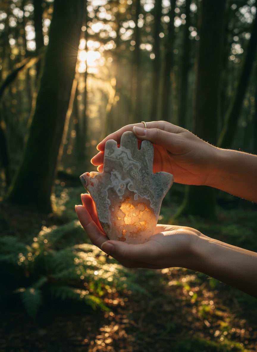 Pink Amethyst Hamsa Hand Carving with Geodes