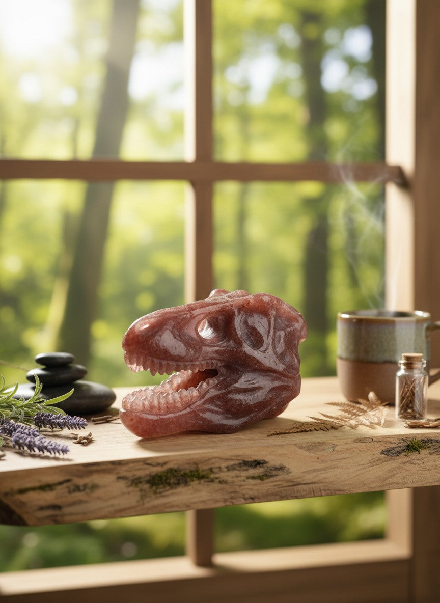 Strawberry Quartz Dinosaur Head Carving