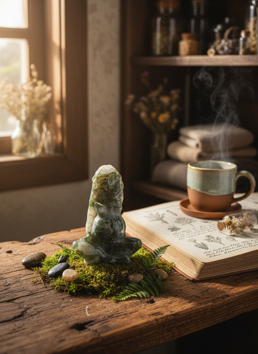 Moss Agate Gaia Carving