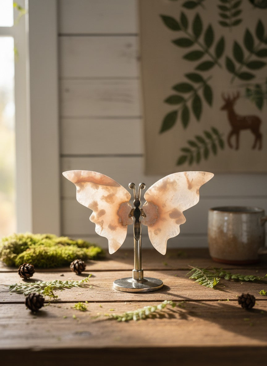 Cherry Blossom Agate Butterfly Carving