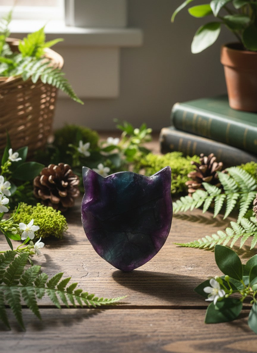 Deep Rainbow Fluorite Cat Head Carving