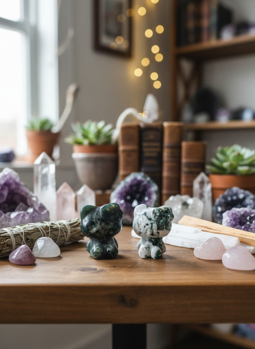 Moss Agate Hello Kitty Carving