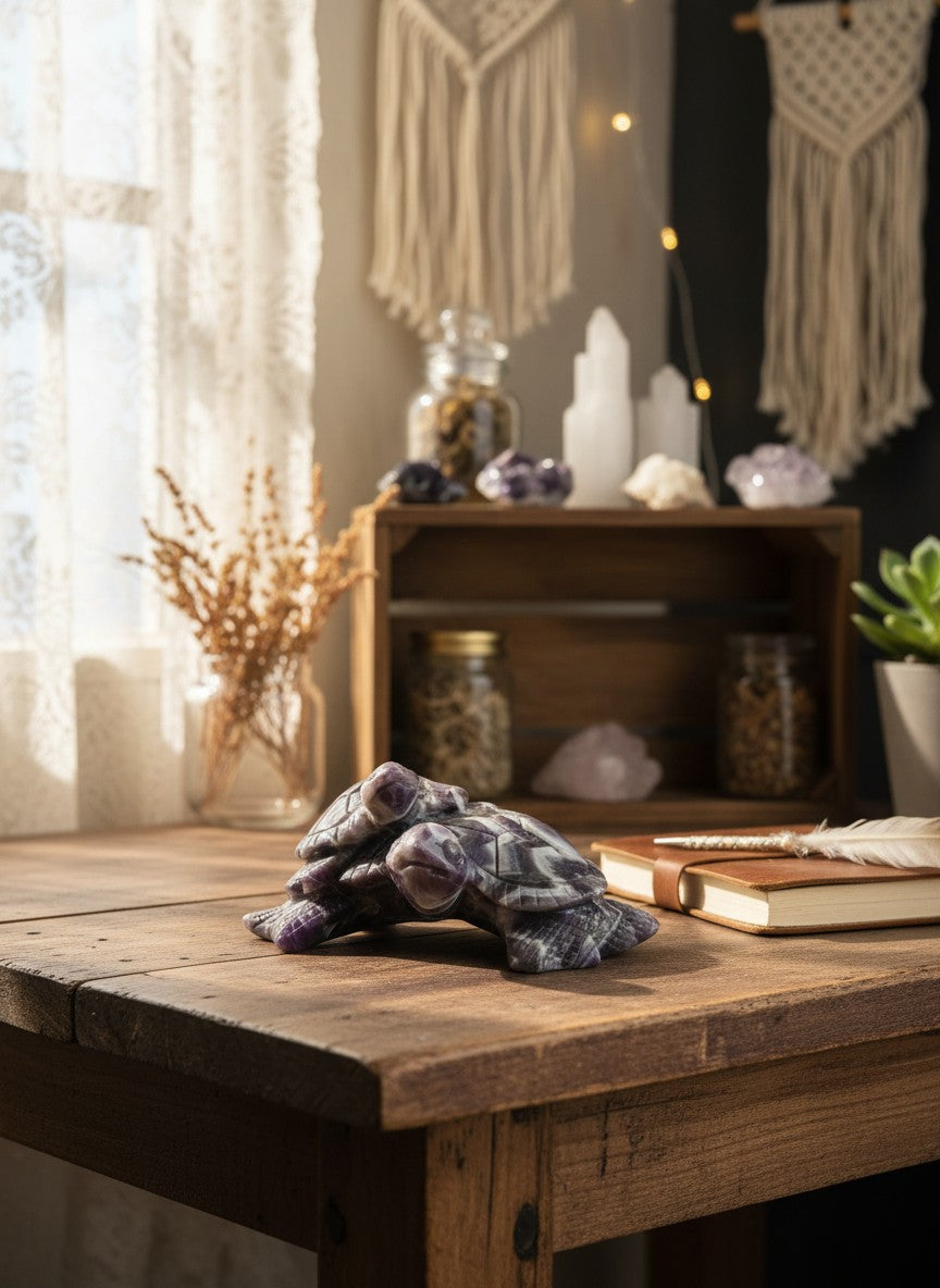 Dream Amethyst Turtle &amp; Baby Carving