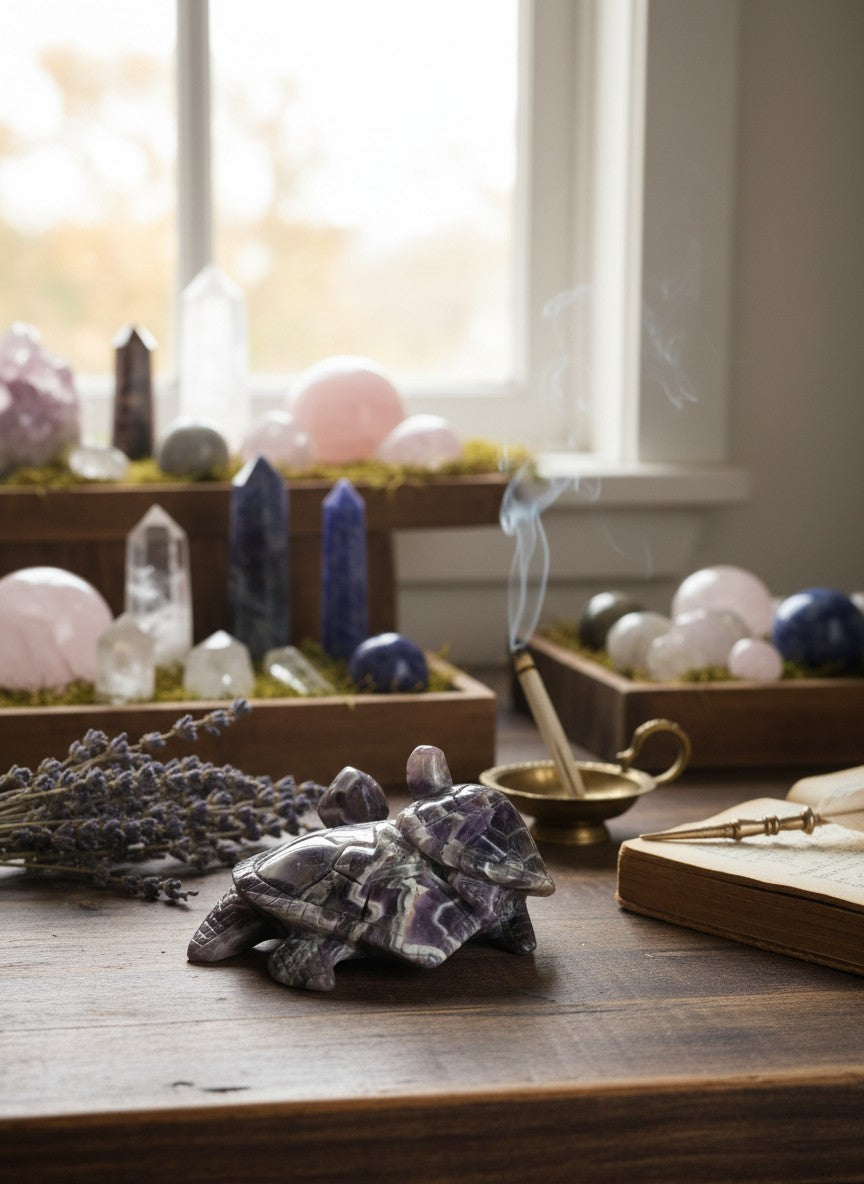 Dream Amethyst Turtle &amp; Baby Carving