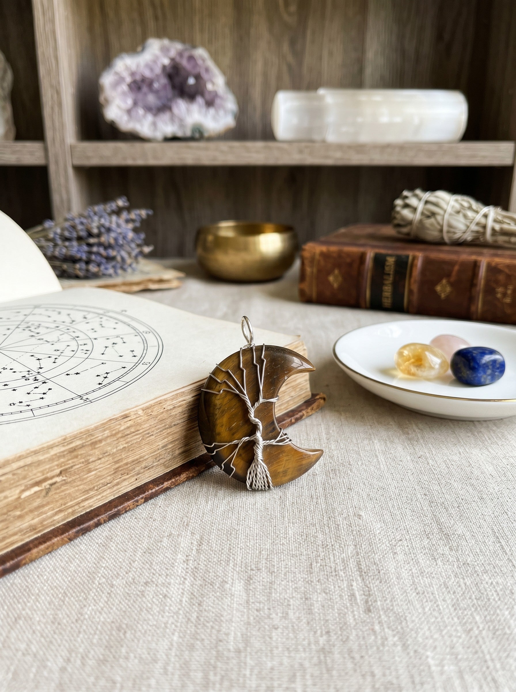 Tiger Eye Wire Wrapped Crescent Moon Pendant