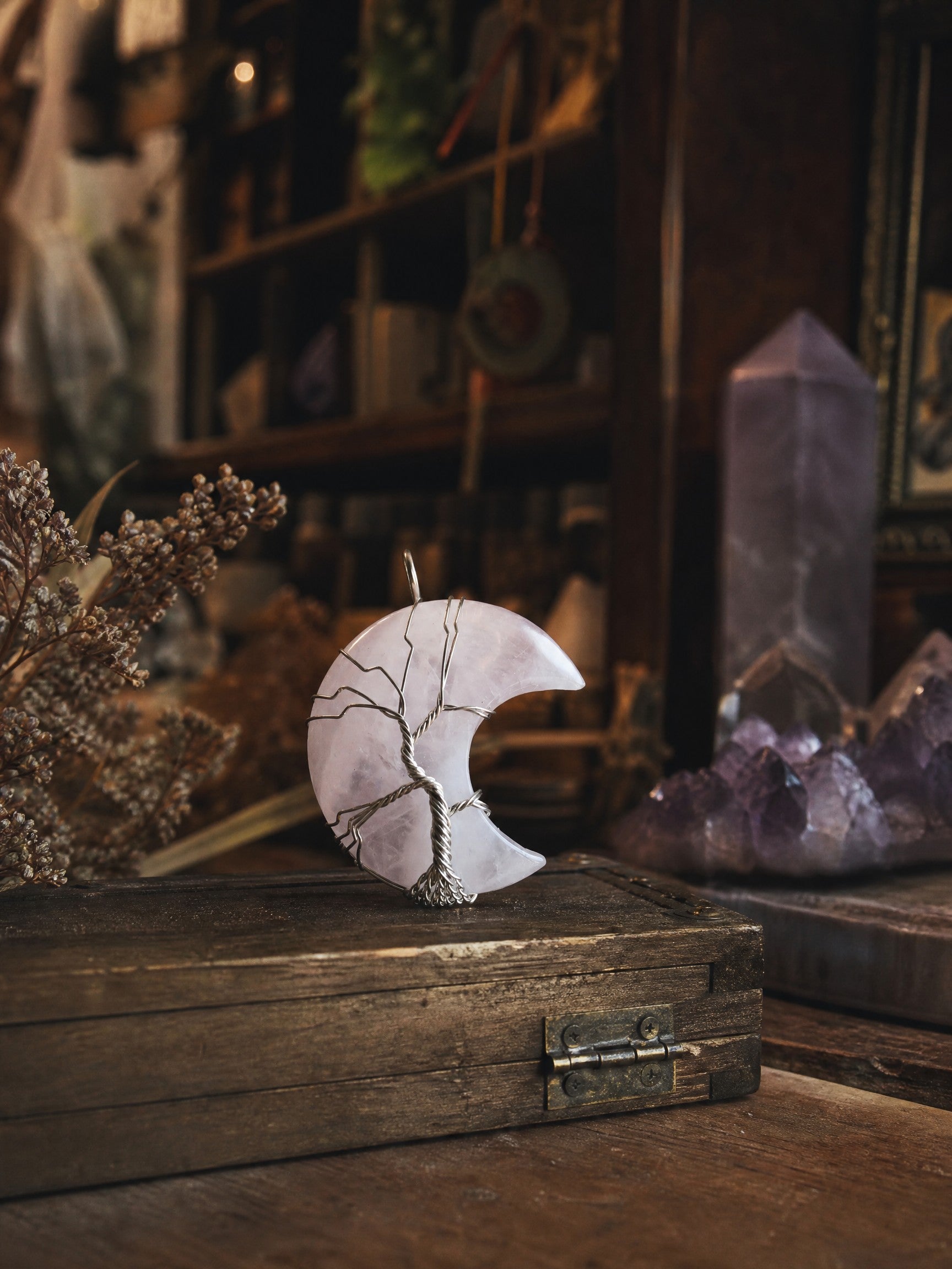 Rose Quartz Wire Wrapped Crescent Moon Pendant