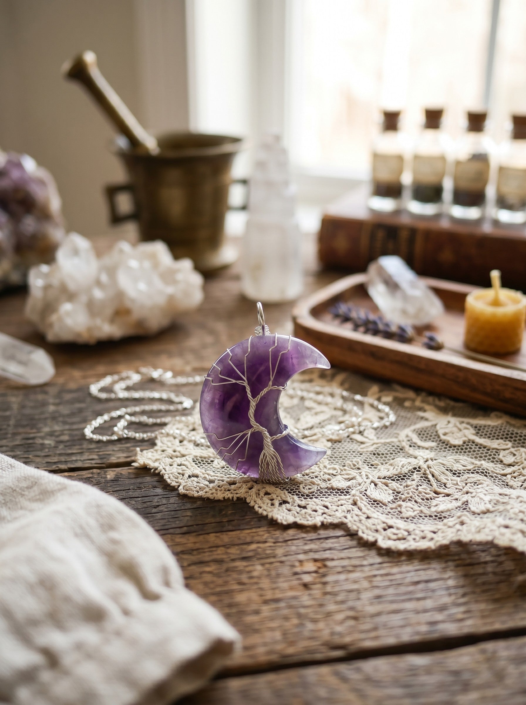 Amethyst Wire Wrapped Crescent Moon Pendant