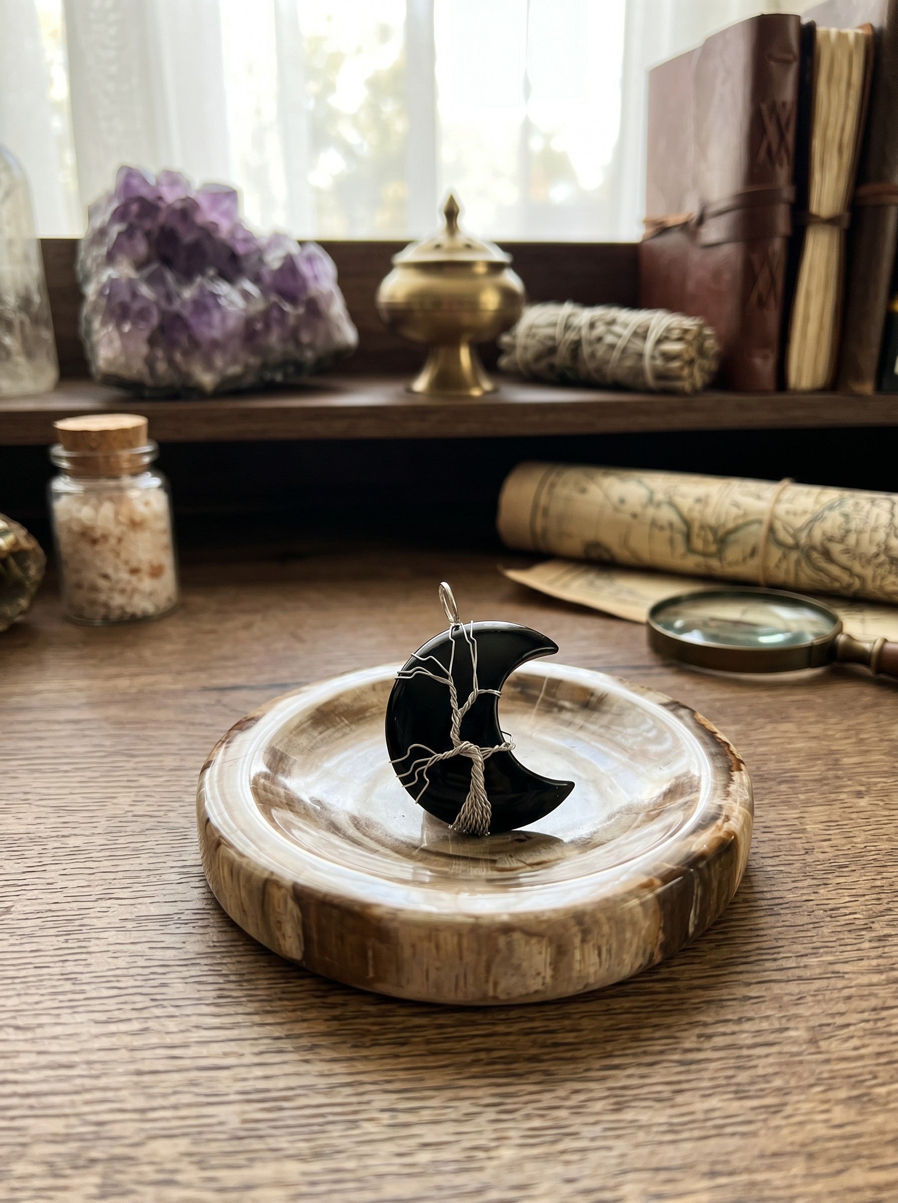 Black Obsidian Wire Wrapped Crescent Moon Pendant