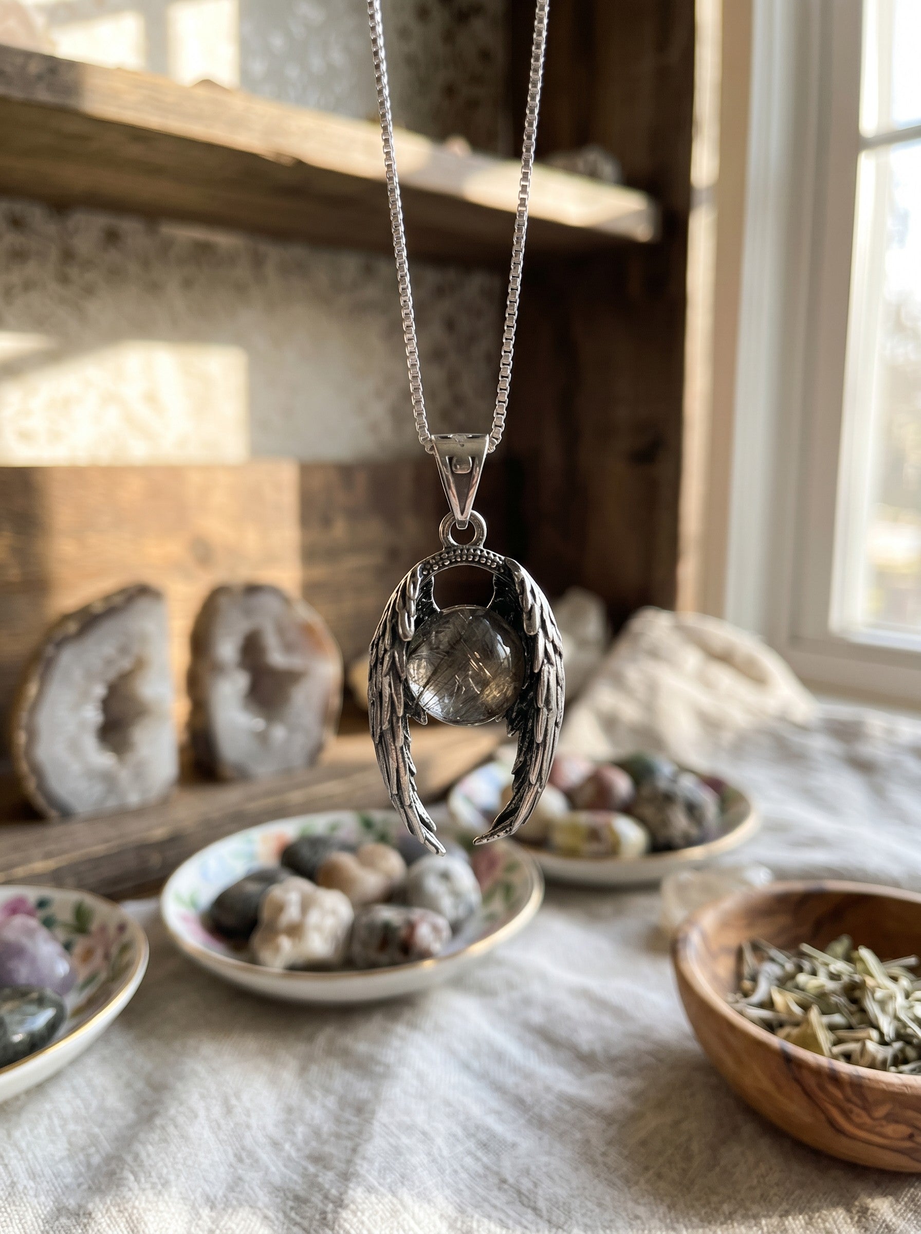 Copper Wings Pendant with Scenic Quartz &amp; Rutile