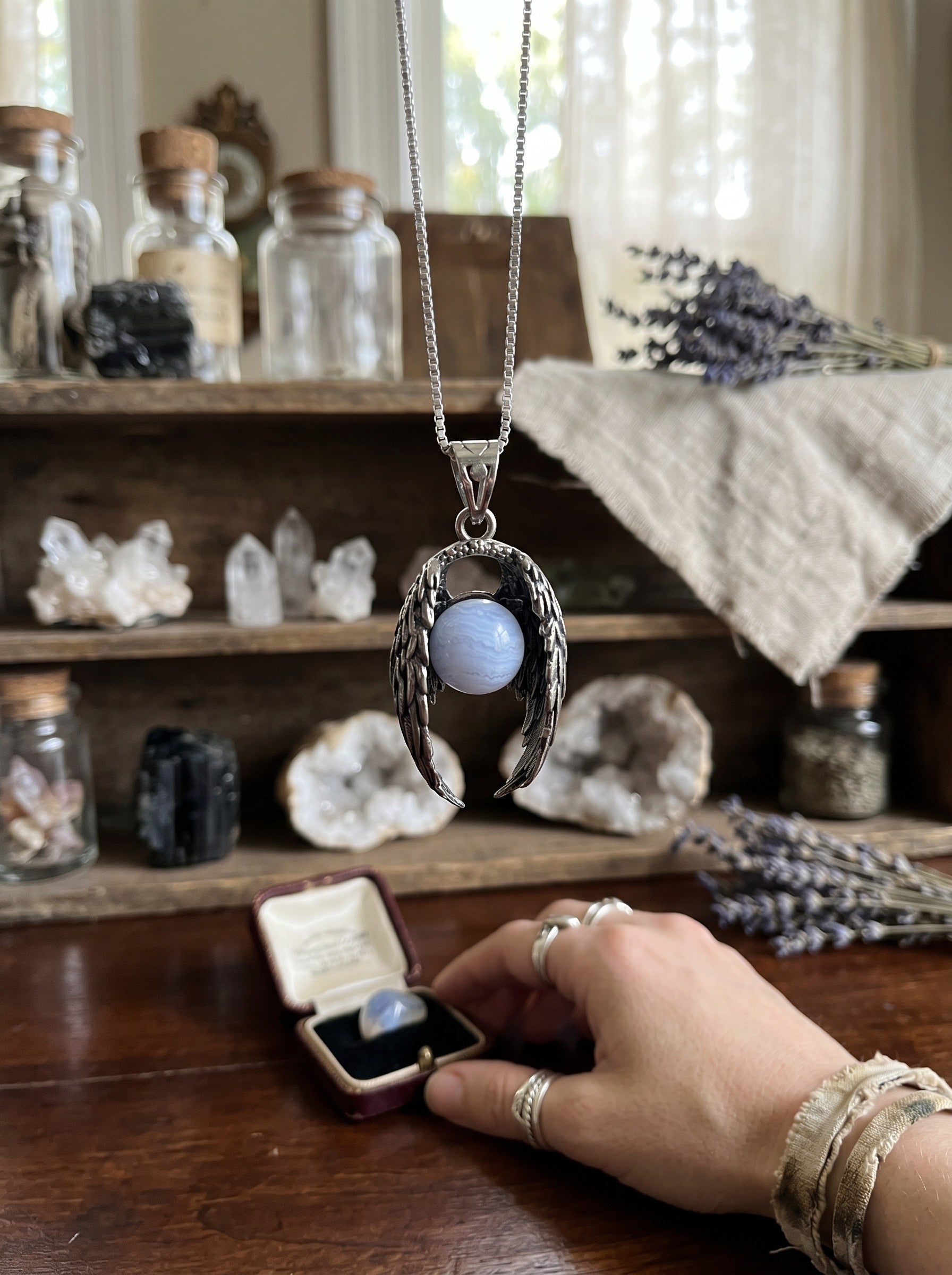 Copper Wings Pendant with Blue Lace Agate
