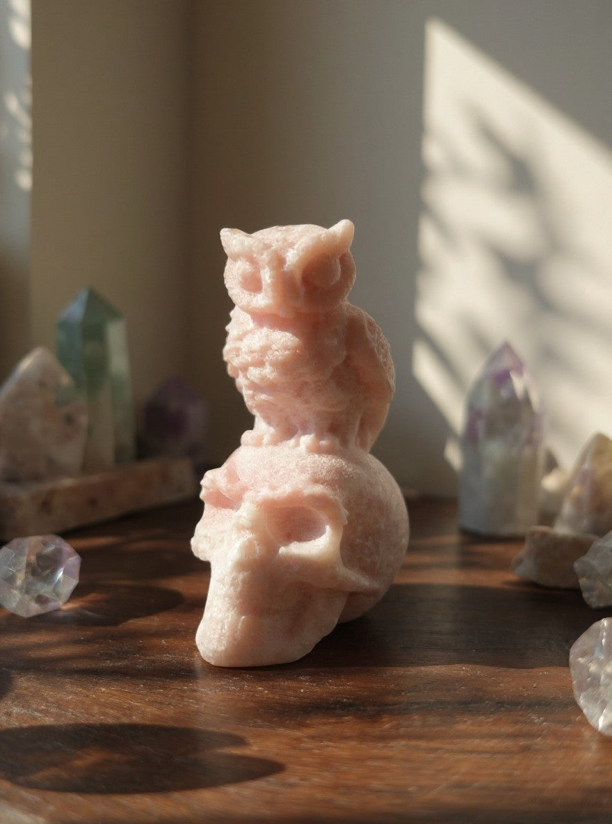 Pink Opal Skull with Owl Carving