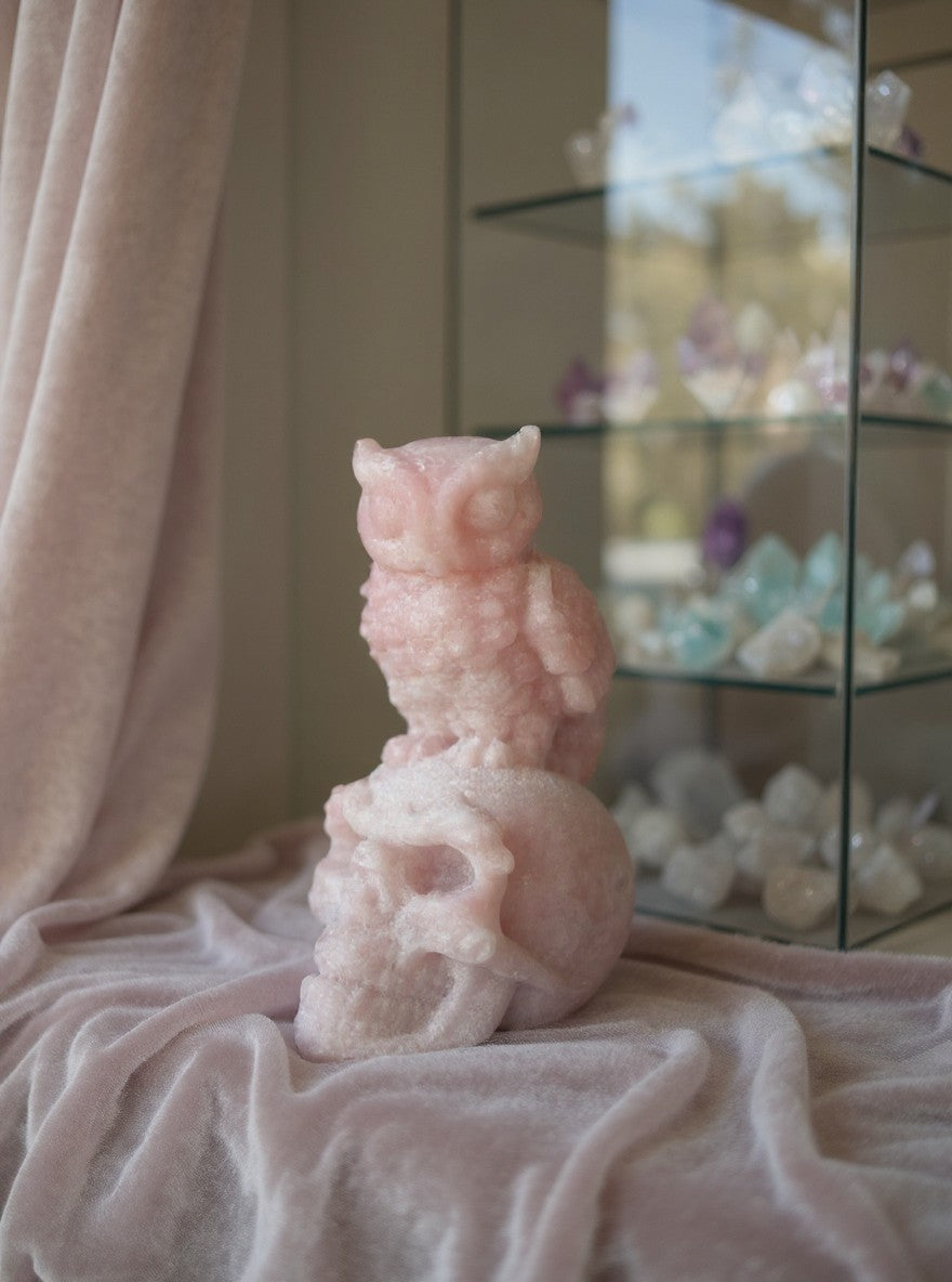 Pink Opal Skull with Owl Carving