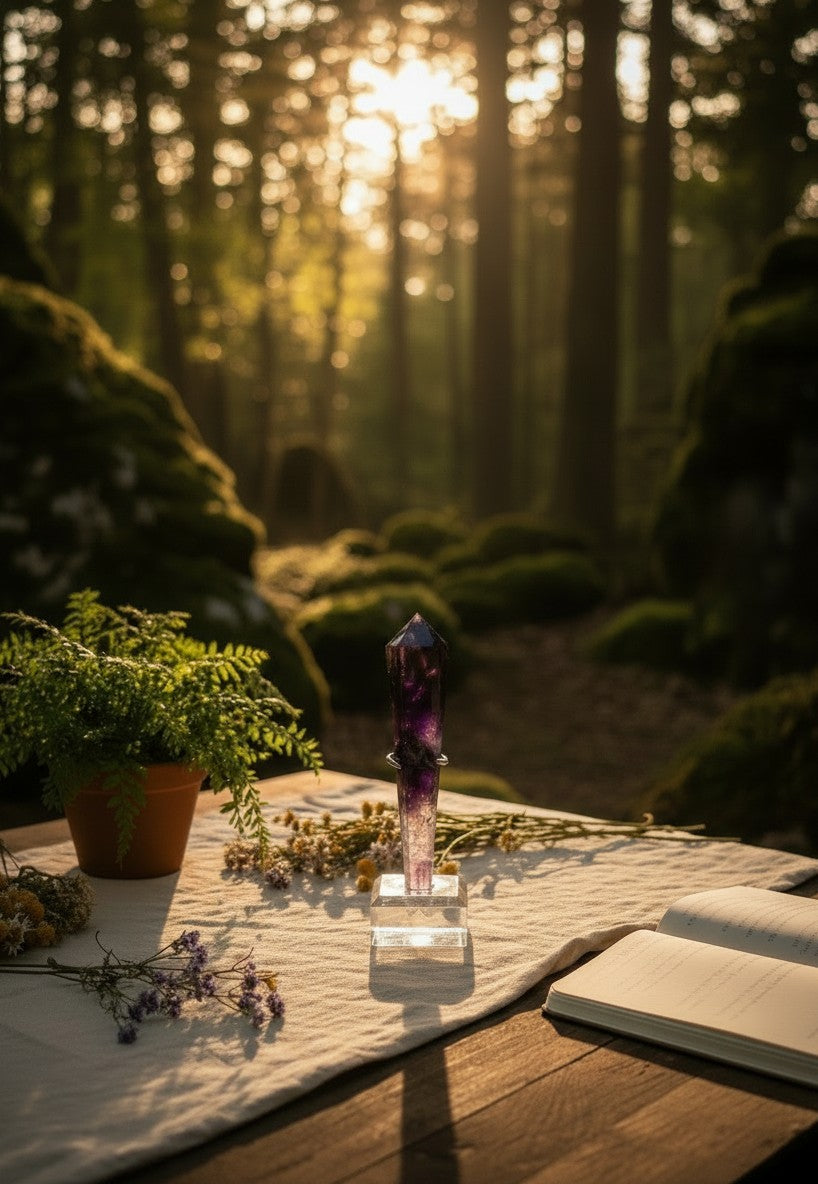 High Grade Amethyst Polished Wand on Custom Stand