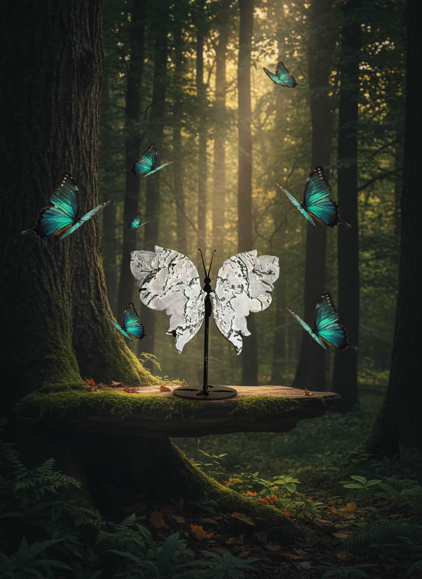 Moss Agate Butterfly Wings on Stand
