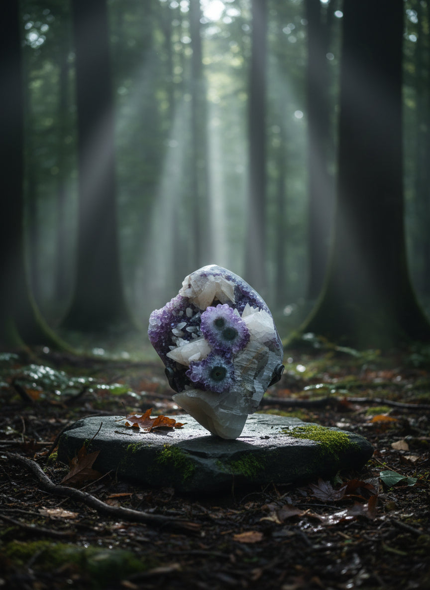 Amethyst &amp; Amethyst Stalactites with Calcite – Custom Metal Stand