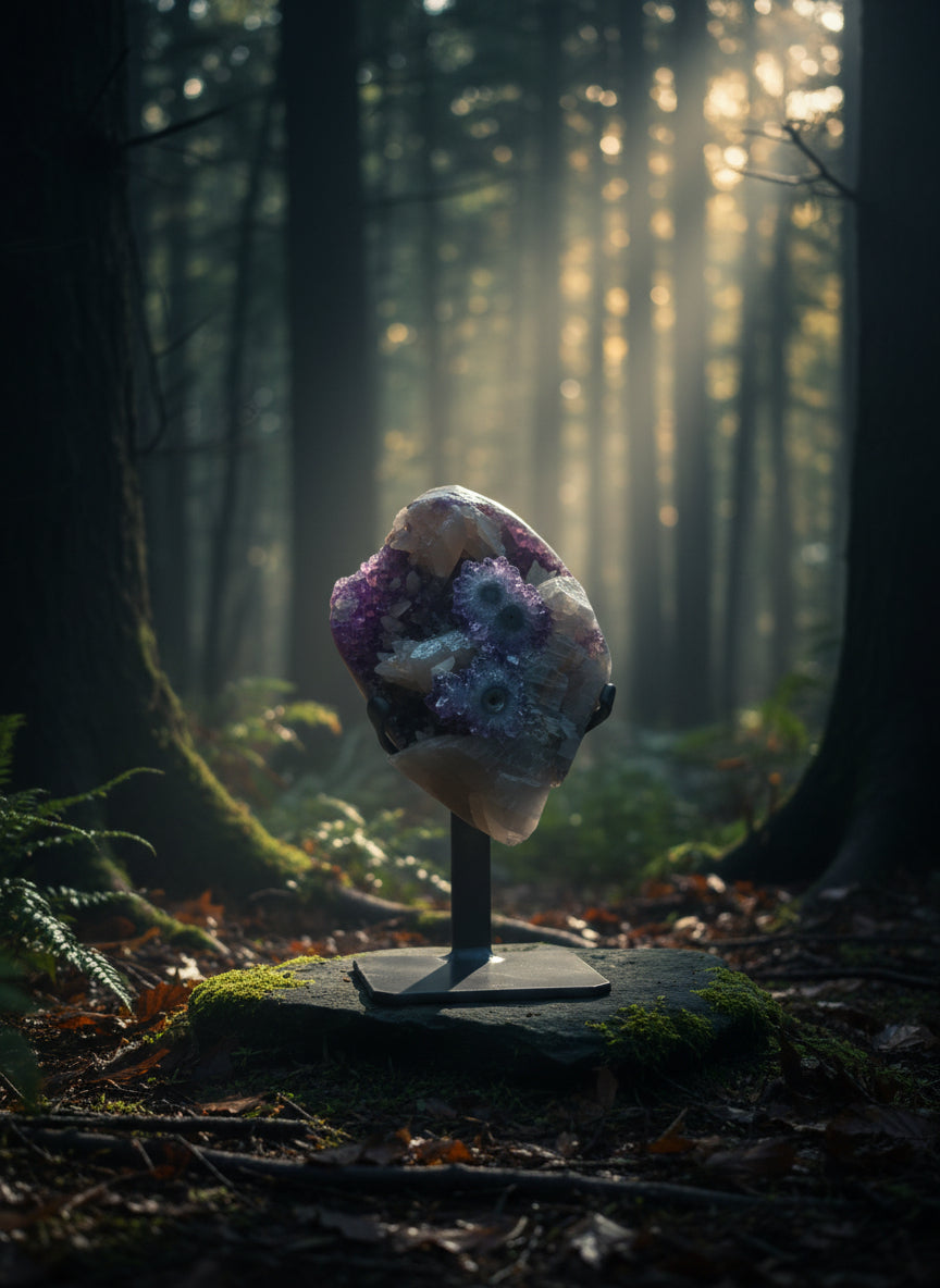 Amethyst &amp; Amethyst Stalactites with Calcite – Custom Metal Stand