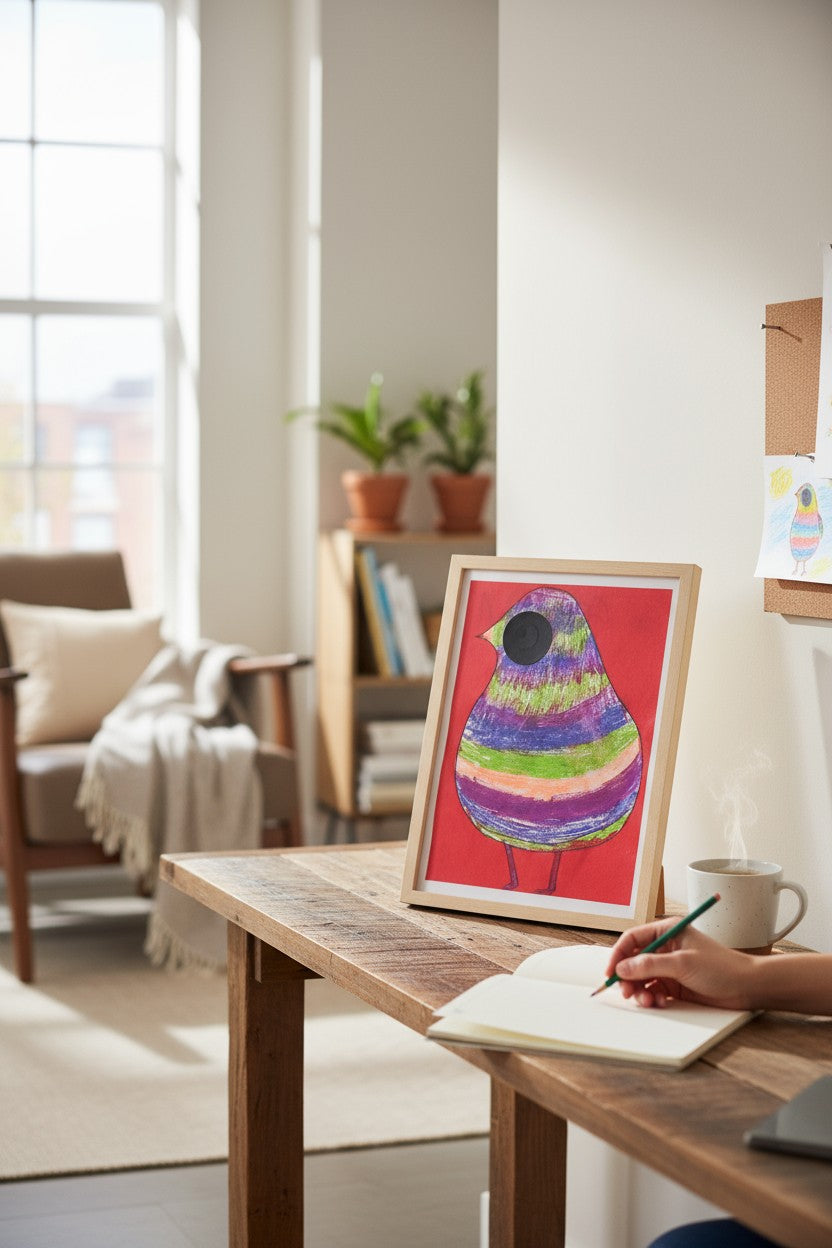🎨 “Colourful Pigeon with Suspicious Eyes” – Artwork by Caspian, Age 8 🐦✨