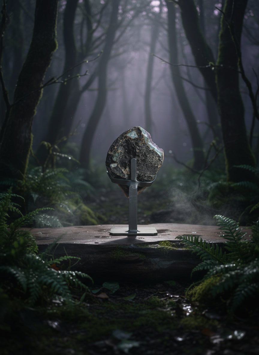 Amethyst &amp; Amethyst Stalactites with Calcite – Custom Metal Stand