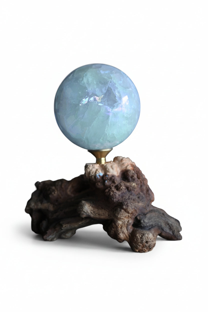 Aura Quartz Sphere with Handmade Wooden Stand
